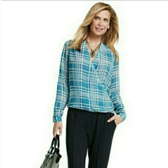 CAbi Dusty Teal Faux Wrap Blouse - Picture 1 of 6